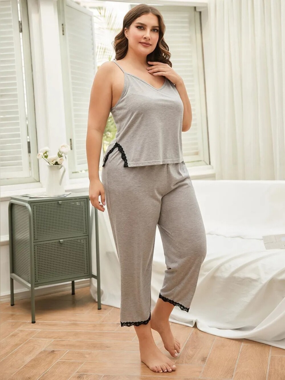 🌸Plus Size Lace Trim Slit Cami and Pants Pajama Set